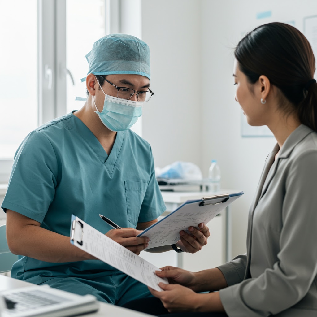 Patient consulting with surgeon about bariatric surgery