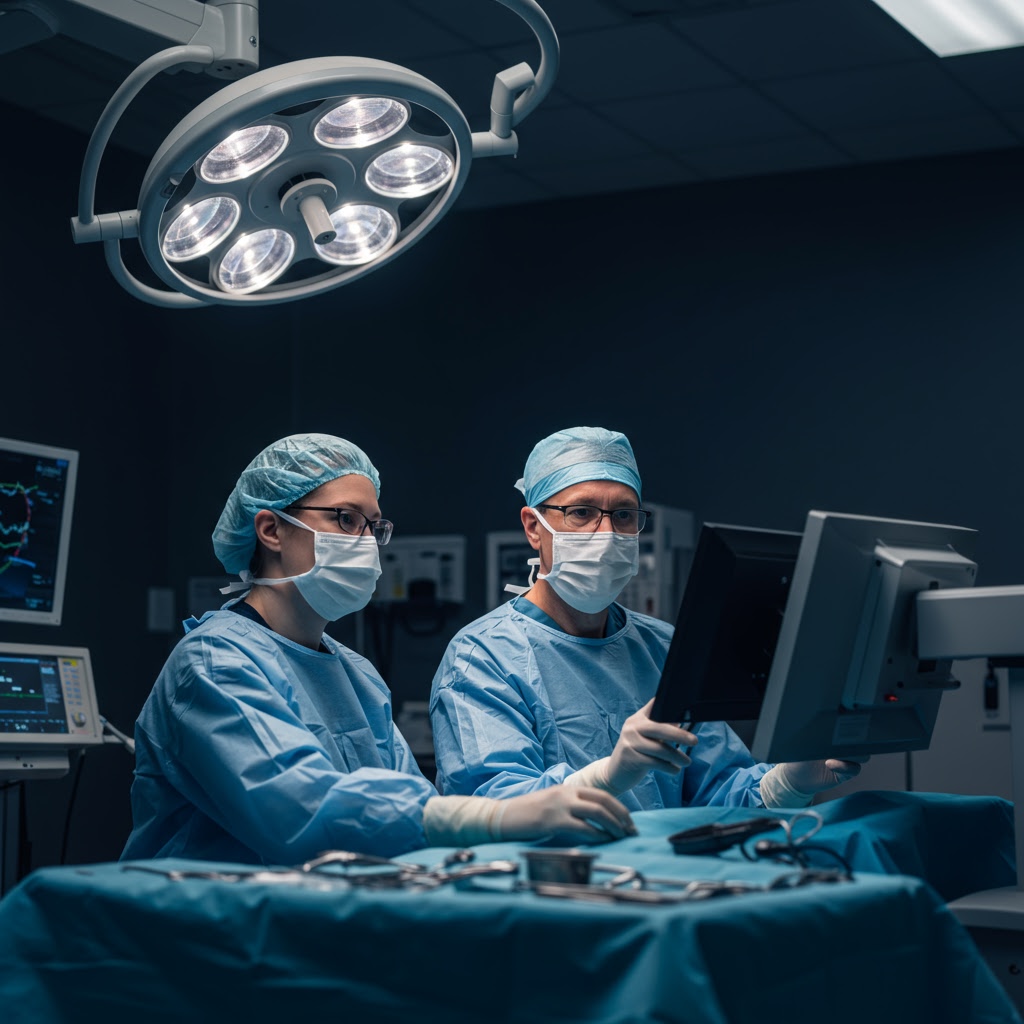 Surgeons training on a simulator